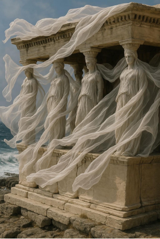 #Caryatids, що тече на вітрі# Стиль скульптури тісно пов'язаний з давньогрецьким мистецтвом