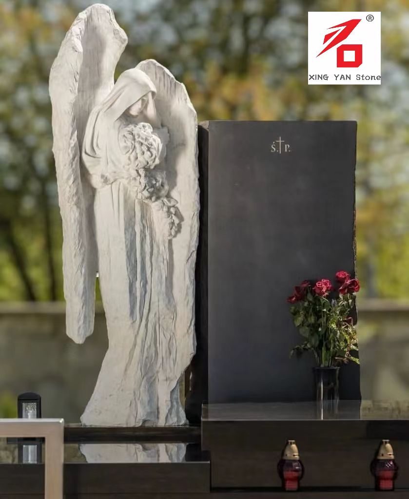 Китай Ксінян Виробництво - Ангел, що охоплює надгробний камінь з різьблення квітів